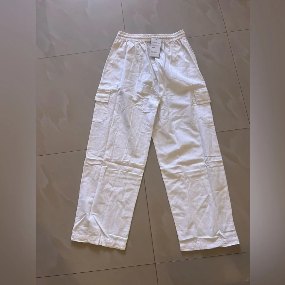 Cargo pants sample Nancy-R women cargo pants white elastic waist tie cotton